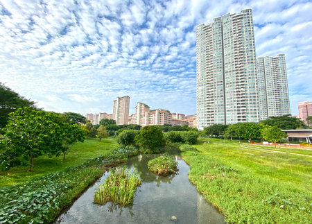 High-rise apartment at residential estate surrounded by nature with green concept, Singapore.のeditorial素材
