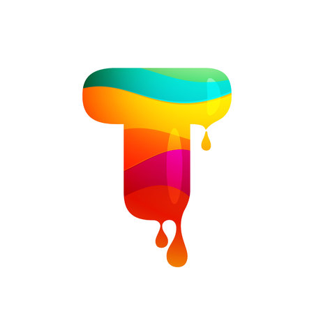 T letter icon with juice splash, waves and drops. Vector design template elements for your application or corporate identity.のイラスト素材