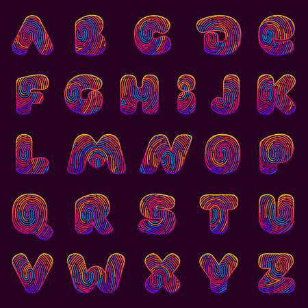 Line fingerprint english alphabet letters set. Font style, vector design template elements. Detective, audit or biometric access control system.のイラスト素材