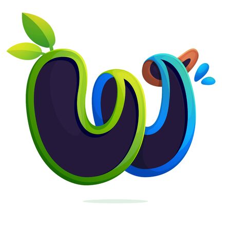 W letter ecology stylized with green leaves and dew drops. Font style, vector design template elements for your eco friendly or organic label.のイラスト素材