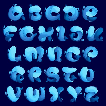 Alphabet ecology stylized letters with water waves and dew drops. Font style, vector design template elements for your eco friendly or organic label.のイラスト素材