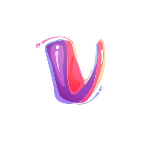 V letter logo formed by watercolor splashes. Color overlay style. Vector typeface for labels, headlines, posters, cards etc.のイラスト素材