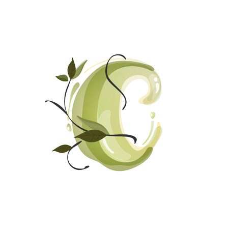 C letter watercolor hand drawn green natural logo.  Watercolor splashes style. Vector typeface for eco, vegan, bio, raw, organic template.のイラスト素材