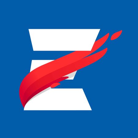 E letter icon with fast speed red bird wing. Typeface, design template elements for sport team, shipping, travel etc.のイラスト素材