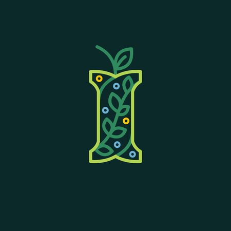 Elegant linear letter I eco ornate logotype. Premium vector typeface with green leaves and dew dots for eco, vegan, bio, raw, organic template.のイラスト素材