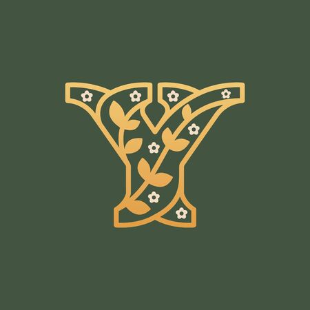 Y letter consisting of floral pattern letters with chamomile flower. Linear classic vector font. Can be used for cosmetics, spa, beauty salon, decoration, boutique, jewelry and fashion industry.のイラスト素材