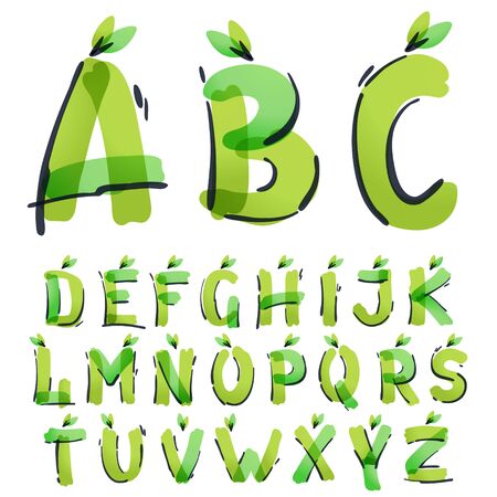 Ecology alphabet with green leaves handwritten with a felt-tip pen. Vector green marker font can be used for eco, vegan, bio, raw, organic template.のイラスト素材