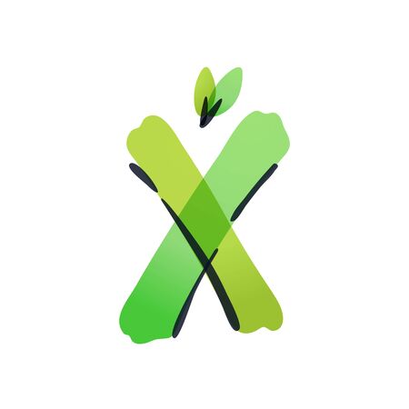 X letter ecology logo with green leaves handwritten with a felt-tip pen. Vector green marker font can be used for eco, vegan, bio, raw, organic template.のイラスト素材