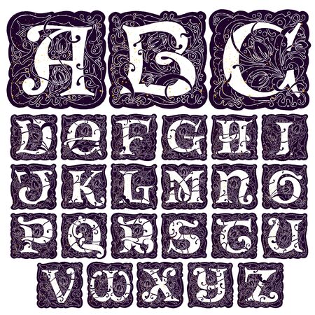 Antique illustration of ornate alphabet with grange gold texture. Typeface, vector premium design template elements for identity, package, book, diploma, etc.のイラスト素材