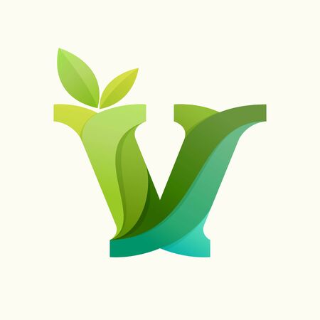 Swirling letter V logo with green leaves. Slab serif font can be used for eco, vegan, bio, raw, organic template.のイラスト素材