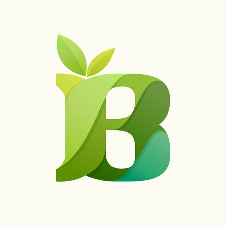 Swirling letter B logo with green leaves. Slab serif font can be used for eco, vegan, bio, raw, organic template.のイラスト素材