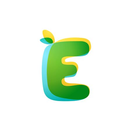 E letter eco logo. Overlapping gradient font with green leaves. Vector green template can be used for eco, vegan, bio, raw, organic.のイラスト素材