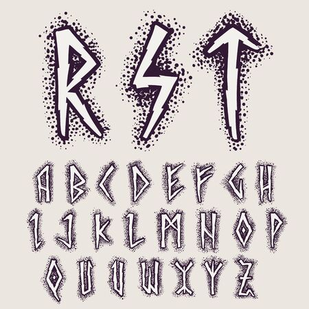 Rune alphabet on the dots background. Nordic occult symbol for identity, package, book, diploma, etc.のイラスト素材