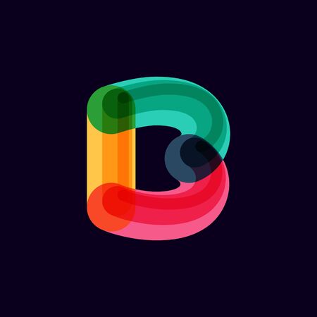 B letter vivid logo with overlapping lines on black background. Vector typeface for vibrant identity, nightlife, techno sphere.のイラスト素材
