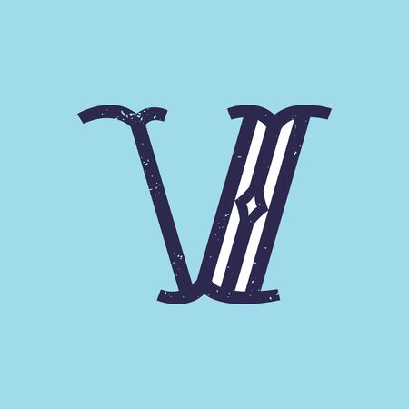 V letter logo in slab serif retro style with grunge texture. Vector font for your fashion poster, jewelry badge, vintage banner, boutique card etc.のイラスト素材