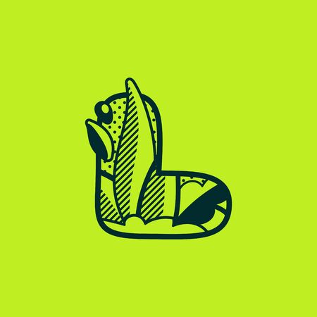 L letter landscape monochrome with leaves and dew drops.のイラスト素材