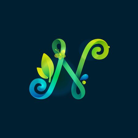 N letter eco logo with green curved lines, leaves and dew drops. Vector handwritten script font for nature labels, bio company, spring posters etc.のイラスト素材