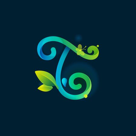 T letter eco logo with green curved lines, leaves and dew drops. Vector handwritten script font for nature labels, bio company, spring posters etc.のイラスト素材