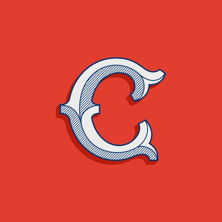 C letter logo in classic sport team style. Vintage slab serif font with lines shadow. Perfect for victorian identity, luxury package, retro book, western diploma, etc.のイラスト素材