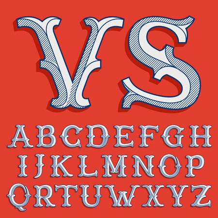 Alphabet in classic sport team style. Vintage slab serif font with lines shadow. Perfect for victorian identity, luxury package, retro book, western diploma, etc.のイラスト素材