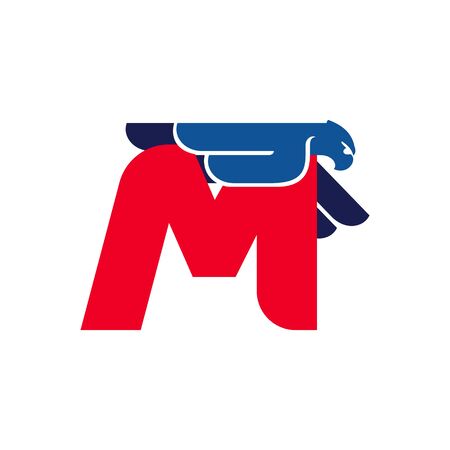 M letter logo with flying eagle. Vector oblique font perfect for sport labels, army posters and fast delivery identity, etc.のイラスト素材