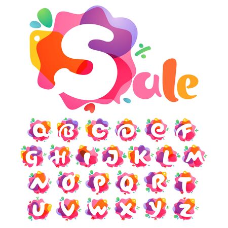Alphabet with Sale icons. Overlapping watercolor negative space font. Perfect typeface for shop identity, best price print, super offer posters, etc.のイラスト素材