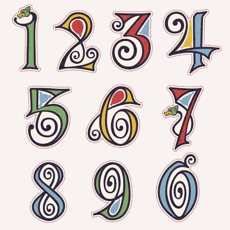 Numbers set in true celtic knot-spiral style. Perfect typeface for history identity, medieval print, tribal posters, etc.のイラスト素材