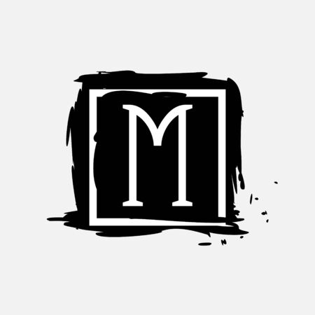 M letter  in square frame at ink dry brush strokes with rough edges. Vector serif font perfect for premium labels, vintage posters and modern identity, etc.のイラスト素材