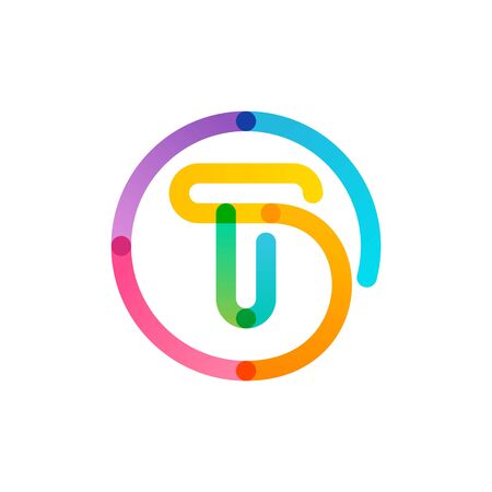 T letter  in a rainbow gradient circle. Impossible one line style. Perfect colorful icon for digital labels, science print, modern advertising, etc.のイラスト素材