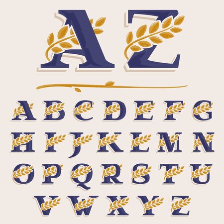 Alphabet with laurel wreath. Classic serif font with line shadow. Vector icon perfect for boutique labels, sport posters, luxury identity, etc.のイラスト素材