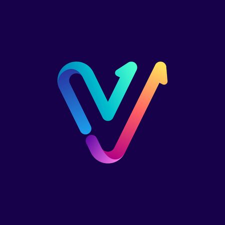 V letter logo with arrows. Vector bright gradient font for sport labels, bets headlines, multimedia posters, business cards etc.のイラスト素材