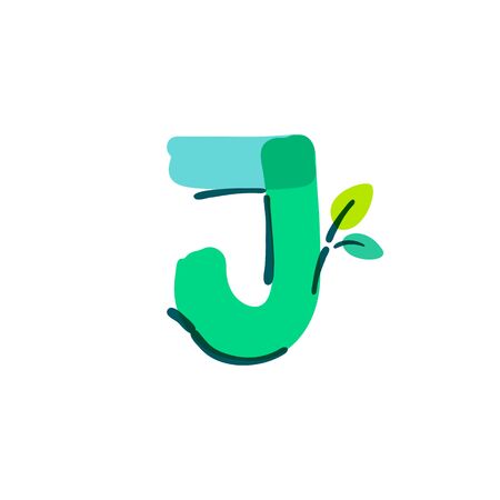 J letter logo with green leaf handwritten with a felt-tip pen. Vector bold marker font can be used for nature labels, summer headlines, bio posters, ecology cards etc.のイラスト素材