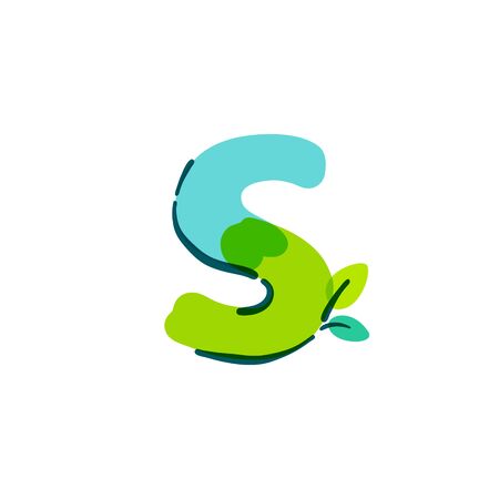 S letter logo with green leaf handwritten with a felt-tip pen. Vector bold marker font can be used for nature labels, summer headlines, bio posters, ecology cards etc.のイラスト素材