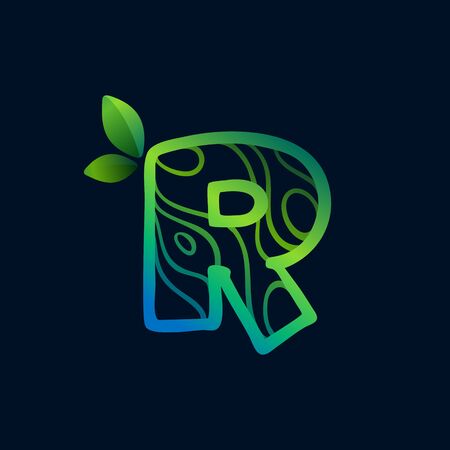 Letter R logo with eco waves pattern. Perfect vector green icon for landscape design, natural print and cartography labels, etc.のイラスト素材
