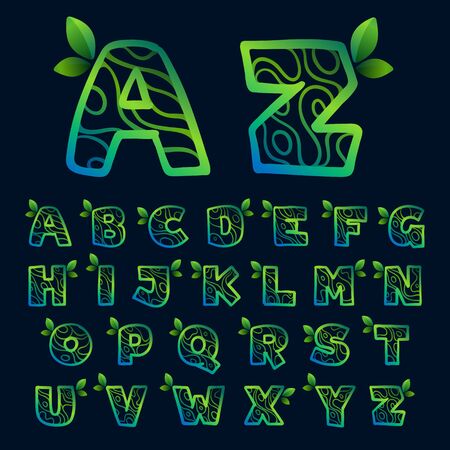 Alphabet with eco waves pattern. Perfect vector green icon for landscape design, natural print and cartography labels, etc.のイラスト素材