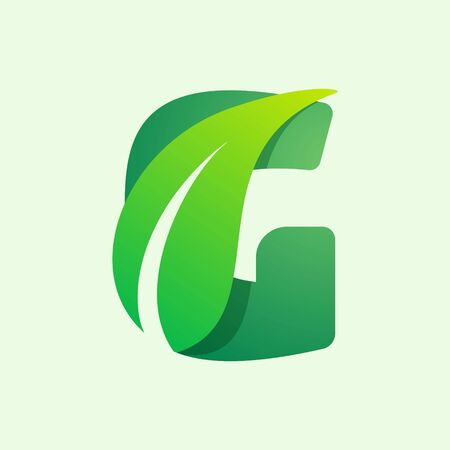 Ecology G letter logo with green leaf. Vector typeface for agriculture labels, vegan headlines, herbal posters, summer identity etc.のイラスト素材