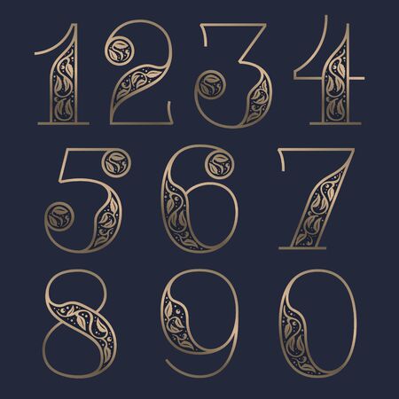 Vintage numbers set with premium decoration. Classic line serif font. Vector icon perfect to use in any alcohol labels, glamour posters, luxury identity, etc.のイラスト素材