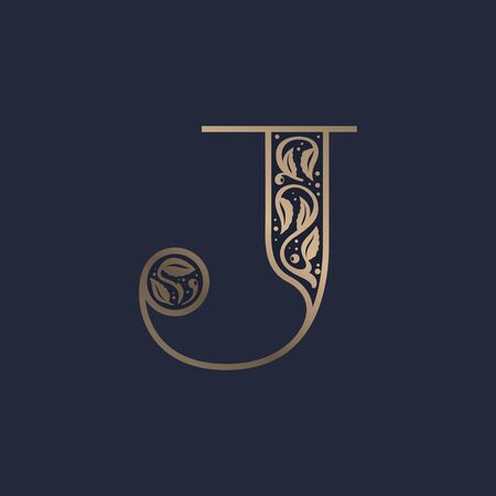 Vintage J letter logo with premium decoration. Classic line serif font. Vector icon perfect to use in any alcohol labels, glamour posters, luxury identity, etc.のイラスト素材