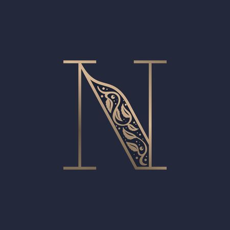 Vintage N letter logo with premium decoration. Classic line serif font. Vector icon perfect to use in any alcohol labels, glamour posters, luxury identity, etc.のイラスト素材