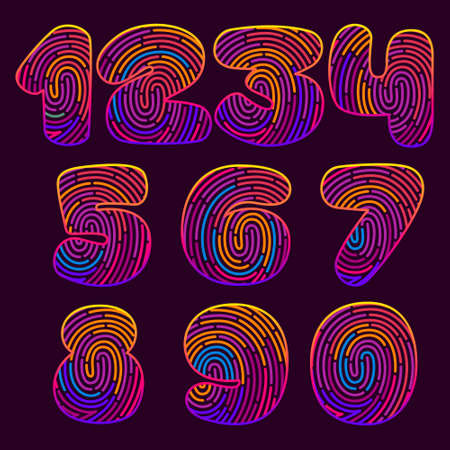 Fingerprint colorful numbers set. Typeface for casino labels, nightlife headlines, bright posters, detective cards, biometric access etc.のイラスト素材