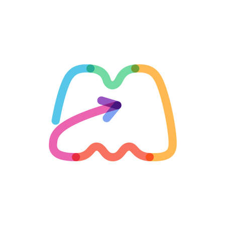 M letter line logo made of a rainbow arrow. This font is perfect for a multimedia company advertising, infographics art, colorful identity, etc.のイラスト素材