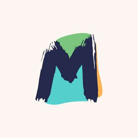 Kid style M letter logo handwritten with dry brush and watercolor spots. Perfect for cartoon ads, festal poster, cute identity, etc.のイラスト素材