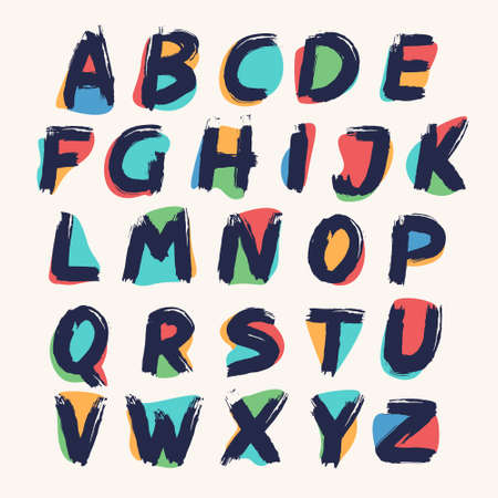 Kid style alphabet handwritten with dry brush and watercolor spots. Perfect for cartoon ads, festal poster, cute identity, etc.のイラスト素材