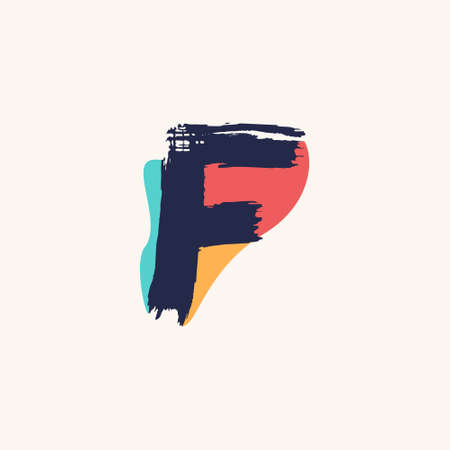 Kid style F letter logo handwritten with dry brush and watercolor spots. Perfect for cartoon ads, festal poster, cute identity, etc.のイラスト素材