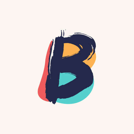 Kid style B letter logo handwritten with dry brush and watercolor spots. Perfect for cartoon ads, festal poster, cute identity, etc.のイラスト素材