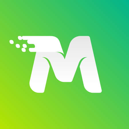 Letter M fast speed logo with checkered pixels pattern on the gradient background. Flat vector design can be used for delivery ads, technology poster, sport identity, etc.のイラスト素材