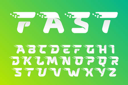 Fast speed alphabet with checkered pixels pattern on the gradient background. Flat vector design can be used for delivery ads, technology poster, sport identity, etc.のイラスト素材