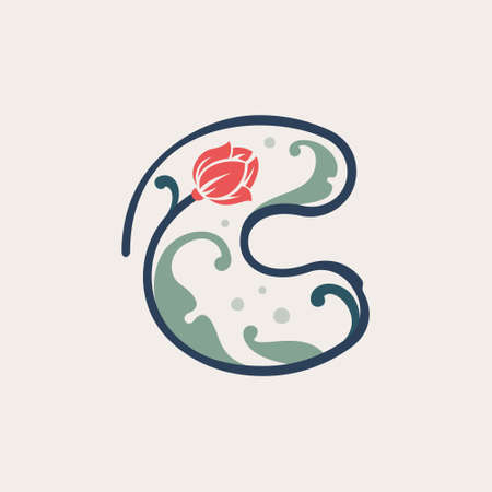 Floral botanical letter C logo made of line, leaves and flower. Designed for vintage greeting cards, wedding sign, royal identity, etc.のイラスト素材