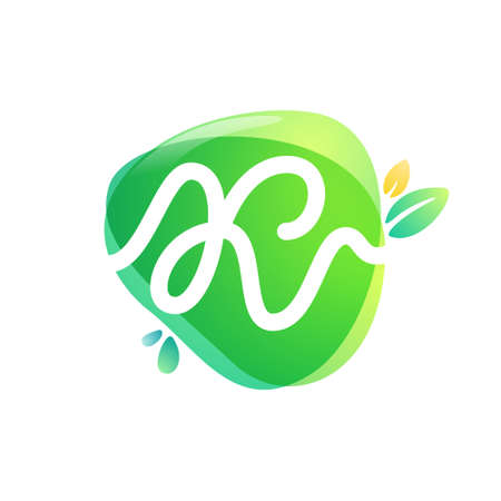 Vector green eco letter K . Vegan, raw, healthy food signs template for cafe labels, restaurants posters, organic packaging etc.のイラスト素材