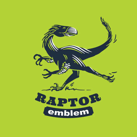 Raptor monster retro engraved label. Classic emblem for paleontology concept, jurassic logo, dinosaur badge etc.のイラスト素材